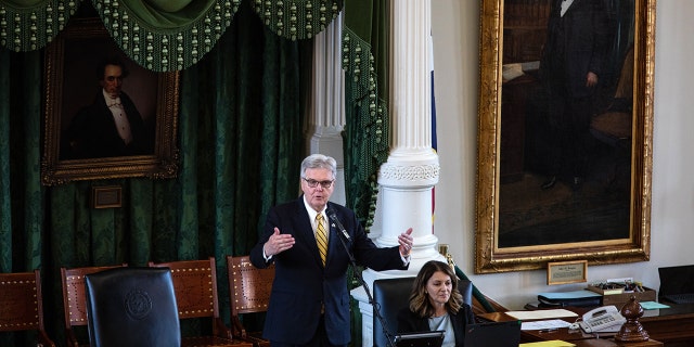 This file photo shows Texas Lt. Gov. Dan Patrick speaks in the state Senate chamber on the first day of the 87th Legislature's third special session at the State Capitol on September 20, 2021, in Austin, Texas.