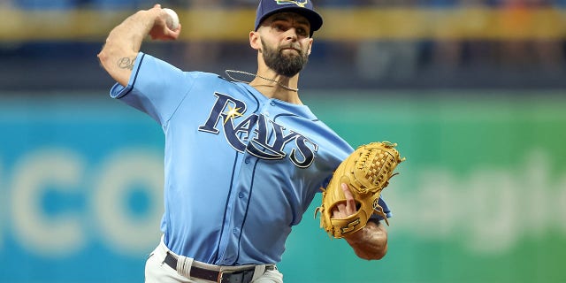 Nick Anderson #70 of the Tampa Bay Rays throws against the Tampa Bay Rays in the ninth inning of a baseball game at Tropicana Field on September 26, 2021, in St. Petersburg, Florida.