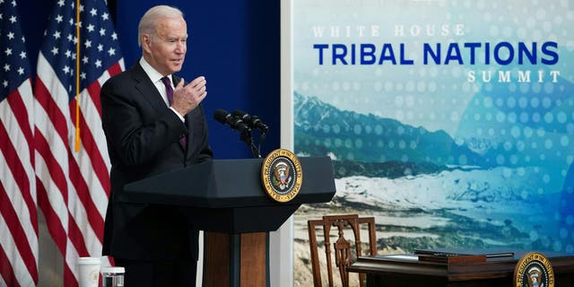 US President Joe Biden speaks at a Tribal Nations Summit in the South Court Auditorium of the Eisenhower Executive Office Building. (Photo by MANDEL NGAN / AFP) (Photo by MANDEL NGAN/AFP via Getty Images)