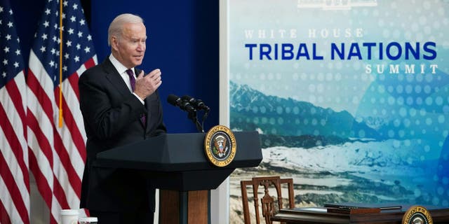 US President Joe Biden speaks at a Tribal Nations Summit in the South Court Auditorium of the Eisenhower Executive Office Building. (Photo by MANDEL NGAN / AFP) (Photo by MANDEL NGAN/AFP via Getty Images)