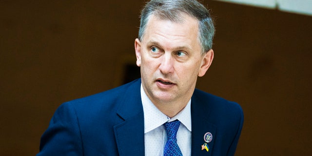 Rep. Sean Casten, D-Ill., is seen in the U.S. Capitol Visitor Center after Ukrainian President Volodymyr Zelenskyy addressed Congress about the Russian invasion on Wednesday, March 16, 2022.