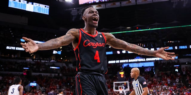 Taze Moore (4) of the Houston Cougars reacts during a game against the Villanova Wildcats during the Elite Eight of the 2022 NCAA men's basketball tournament March 26, 2022, in San Antonio, Texas.
