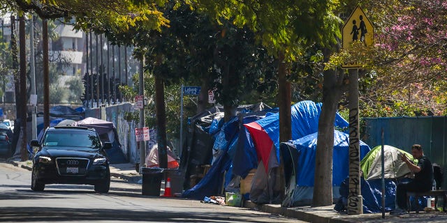 L.A. Sanitation Bureau crew clean up a homeless encampment from sidewalk along Hollywood Blvd. on Tuesday, April 5, 2022, in Los Angeles.