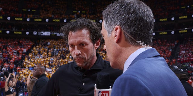 Head coach Quin Snyder of the Utah Jazz is interviewed during the NBA playoffs on April 21, 2022, at vivint.SmartHome Arena in Salt Lake City.