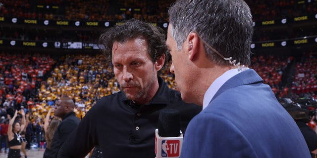 Head coach Quin Snyder of the Utah Jazz is interviewed during the NBA playoffs on April 21, 2022, at vivint.SmartHome Arena in Salt Lake City.