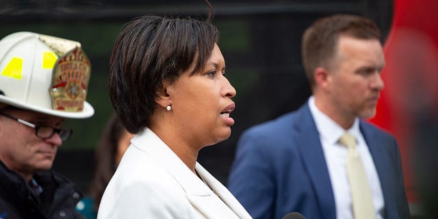 Washington, D.C., Mayor Muriel Bowser speaks at a press conference after multiple people were injured in a shooting near the Edmund Burke School in Washington, D.C., on April 22, 2022.