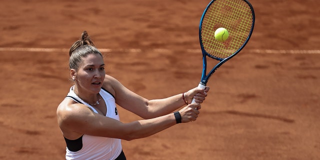 Alicia Barnett (not seen) and Olivia Nicholls (not seen) compete with Natela Dzalamidze and Kamilla Rakhimova (not seen) during semi-final match of TEB BNP Paribas Tennis Championship Istanbul women's clay court tournament at TTF Istanbul Tennis Center in Istanbul, Turkiye on April 23, 2022. 