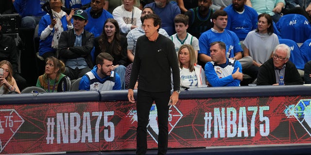 Quin Snyder coaches the Utah Jazz against the Mavericks on April 25, 2022 at the American Airlines Center in Dallas, Texas.