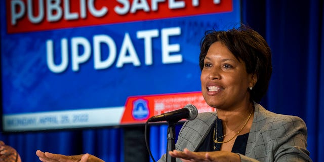 City officials including Mayor Muriel Bowser discuss the rising violence at a press conference, in Washington, D.C.  