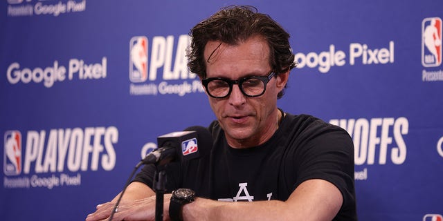 Head coach Quin Snyder of the Utah Jazz talks to the media after the Dallas Mavericks playoff game on April 28, 2022, in Salt Lake City. 