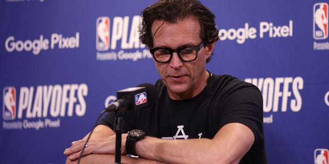 Head coach Quin Snyder of the Utah Jazz talks to the media after the Dallas Mavericks playoff game on April 28, 2022, in Salt Lake City.