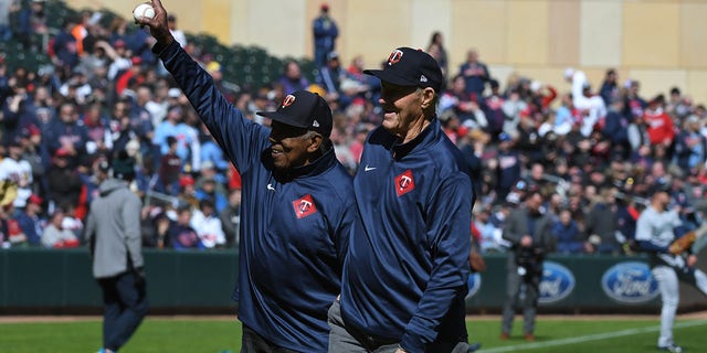 Twins Hall of Famer Jim Kaat and Tony Oliva prior to a game between the Seattle Mariners and Minnesota Twins at Target Field April 8, 2022, in Minneapolis. 