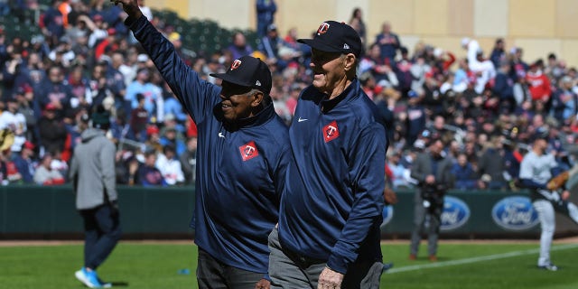 Twins Hall of Famer Jim Kaat and Tony Oliva prior to a game between the Seattle Mariners and Minnesota Twins at Target Field April 8, 2022, in Minneapolis.
