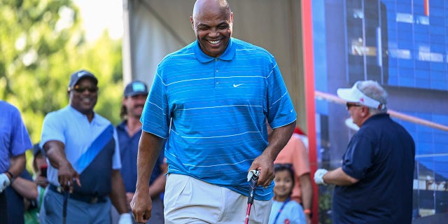 Charles Barkley is all smiles on the first tee at the NCR Pro-Am prior to the PGA TOUR Champions Regions Tradition at Greystone Golf and Country Club on May 11, 2022 in Birmingham, Alabama.