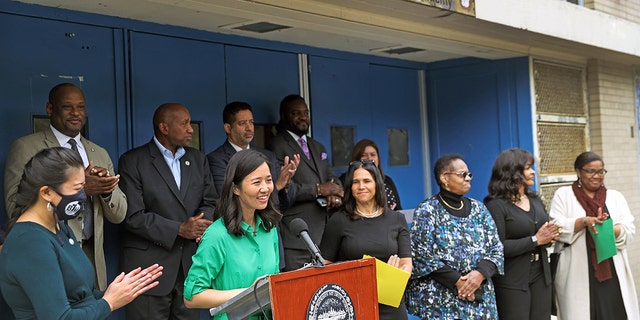 Boston Mayor Michelle Wu speaks at a press conference that was held at the McKinley Elementary School on 90 Warren Street, South End in Boston on May 12, 2022, regarding school construction around the city of Boston. 