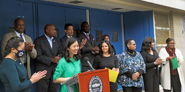 Boston Mayor Michelle Wu speaks at a press conference that was held at the McKinley Elementary School on 90 Warren Street, South End in Boston on May 12, 2022, regarding school construction around the city of Boston. 