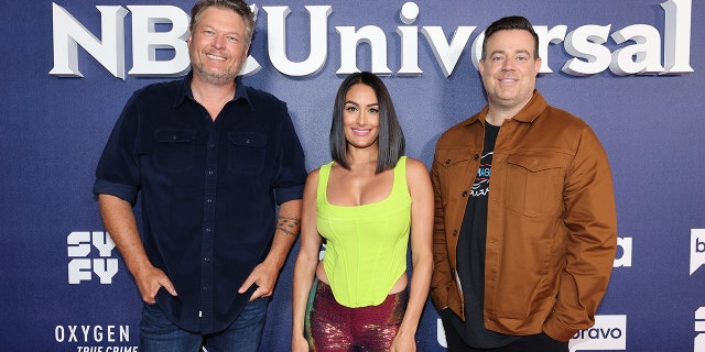 NBC Entertainment's 2022/23 New Season Press Junket in New York City on Monday, May 16, 2022 -- Pictured: (l-r) Blake Shelton, Nikki Bella, Carson Daly, Barmageddon on USA Network.