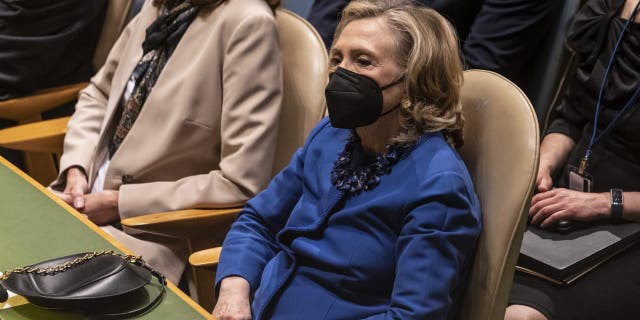 Hillary Clinton attends memorial for former United States Secretary of State Madeleine Albright at UN Headquarters in New York on May 17, 2022.