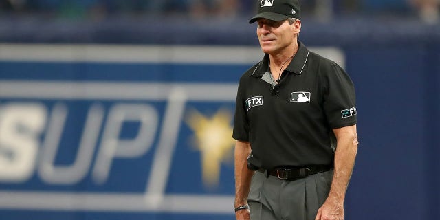 Angel Hernandez watches the action during the Detroit Tigers-Tampa Bay Rays game on May 18, 2022, at Tropicana Field in St. Petersburg, Florida.