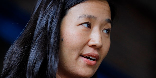 Boston Mayor Michelle Wu speaks to the media during a press conference at the Horace Mann School for the Deaf and Hard of Hearing on May 19, 2022. 