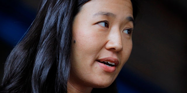 Boston Mayor Michelle Wu speaks to the media during a press conference at the Horace Mann School for the Deaf and Hard of Hearing on May 19, 2022.