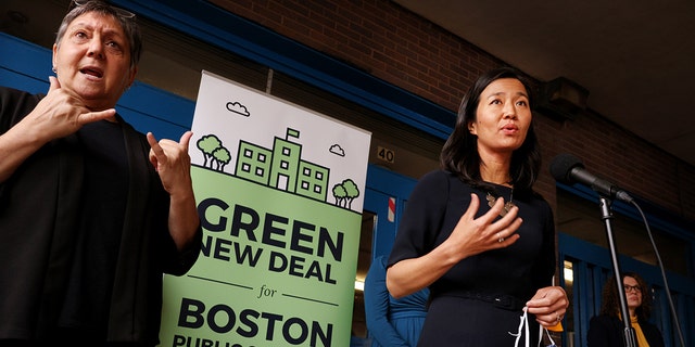 Boston Mayor Michelle Wu during a press conference at the Horace Mann School for the Deaf and Hard of Hearing in Allston, Massachusetts, on May 19, 2022. 