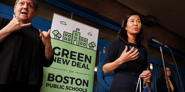 Boston Mayor Michelle Wu during a press conference at the Horace Mann School for the Deaf and Hard of Hearing in Allston, Massachusetts, on May 19, 2022.