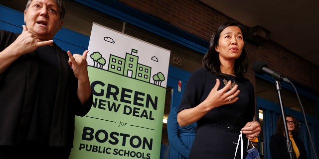 Boston Mayor Michelle Wu during a press conference at the Horace Mann School for the Deaf and Hard of Hearing in Allston, Massachusetts, on May 19, 2022. 