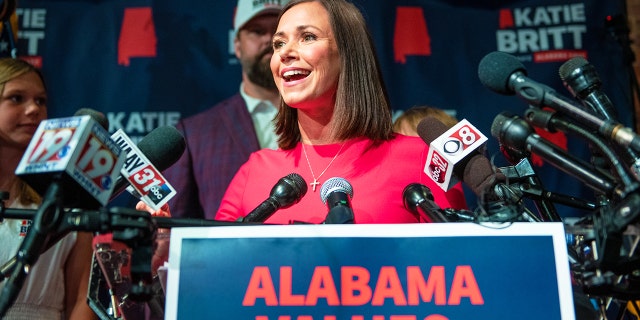 Katie Britt, US Republican Senate candidate for Alabama, speaks during an election night watch event in Montgomery, Alabama