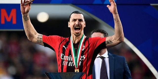 Zlatan Ibrahimovic of AC Milan celebrates after beating Sassuolo 3-0, securing the Scudetto championship.