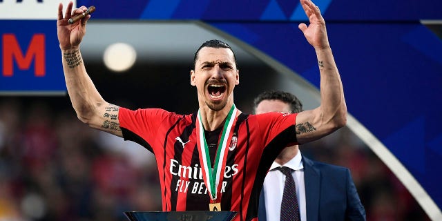 Zlatan Ibrahimovic of AC Milan celebrates after beating Sassuolo 3-0, securing the Scudetto championship.