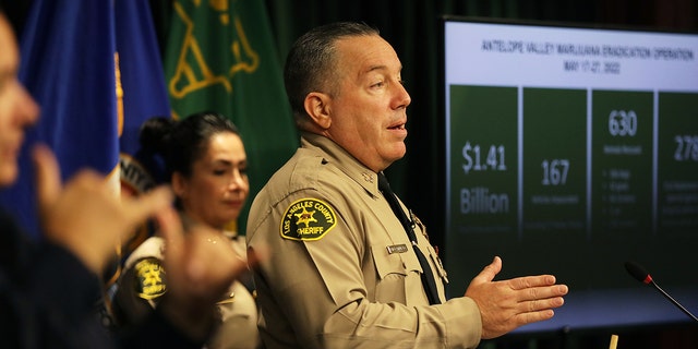 LOS ANGELES-CA-MAY 31, 2022: Los Angeles County Sheriff Alex Villanueva speaks during a news conference at the Hall of Justice in downtown Los Angeles to announce the results of a recent marijuana eradication operation in the Antelope Valley. 