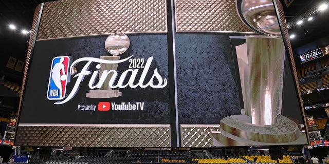 An overall photo of the Chase Center scoreboard with 2022 NBA Finals signage before Game One of the 2022 NBA Finals between the Boston Celtics and the Golden State Warriors on June 1, 2022 at Chase Center in San Francisco, California.