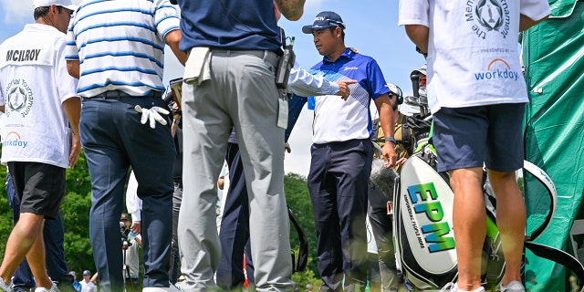 Hideki Matsuyama of Japan is disqualified from the tournament on the 10th tee box during the first round of the Memorial Tournament presented by Workday at Muirfield Village Golf Club on June 2, 2022, in Dublin, Ohio.