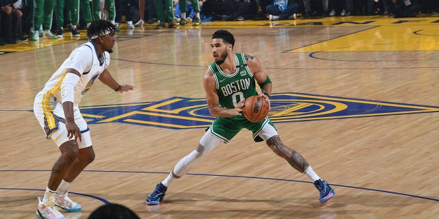 Jayson Tatum #0 of the Boston Celtics dribbles the ball during Game One of the 2022 NBA Finals on June 2, 2022 at Chase Center in San Francisco, California.