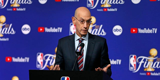 NBA Commissioner Adam Silver takes questions from reporters during a press conference before the NBA Finals game between the Boston Celtics and Golden State Warriors in San Francisco on June 2, 2022.