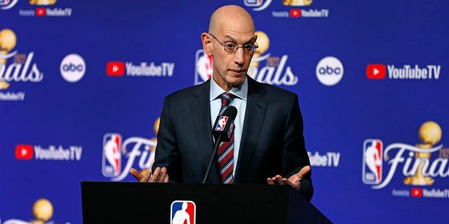 NBA Commissioner Adam Silver is pictured as he takes questions from reporters during a pre-game press conference. The Boston Celtics visited the Golden State Warriors for Game One of the NBA Finals at the Chase Center in San Francisco June 2, 2022. 