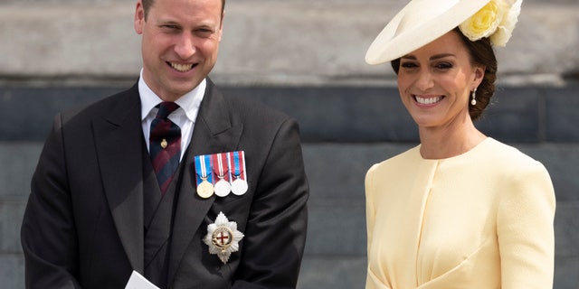 Prince William, Duke of Cambridge and Catherine, Duchess of Cambridge attend a National Service of Thanksgiving for the Queens reign at St Paul's Cathedral on June 3, 2022, in London, England.