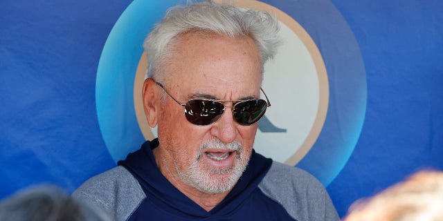 Los Angeles Angels manager Joe Maddon (70) talks to the media prior to the Major League Baseball game between the Philadelphia Phillies and the Los Angeles Angels on June 5, 2022, at Citizens Bank Park in Philadelphia, Pennsylvania.