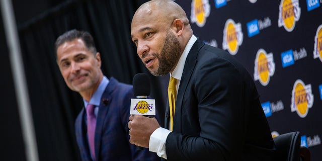 New head coach Darvin Ham is introduced by Lakers general manager Rob Pelinka, at the UCLA Health Training Center, in El Segundo, California, Monday, June 6, 2022.