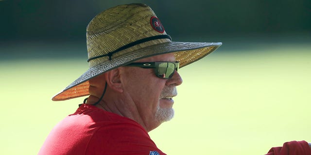 Tampa Bay Buccaneers Senior Advisor to the General Manager Bruce Arians watches action on the field from his golf cart during the Tampa Bay Buccaneers Minicamp on June 07, 2022 at the AdventHealth Training Center at One Buccaneer Place in Tampa, Florida. 