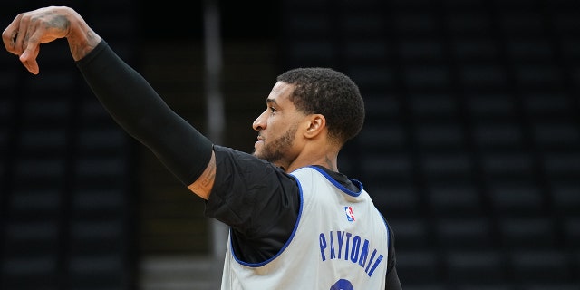 Gary Payton II of the Golden State Warriors shoots during a 2022 NBA Finals practice and media availability on June 7, 2022 at TD Garden in Boston.