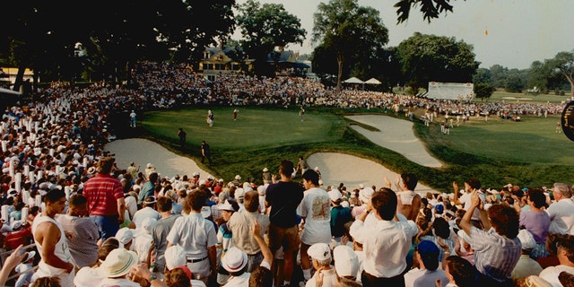 Evening shadows cover the 18th green of The Country Club in Brookline during the U.S. Open on June 20, 1988.