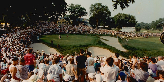 Evening shadows cover the 18th green of The Country Club in Brookline during the U.S. Open on June 20, 1988.