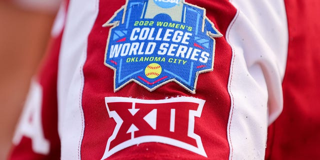 The College World Series patch seen before the game at ASA Hall of Fame Stadium on June 8, 2022, in Oklahoma City. 
