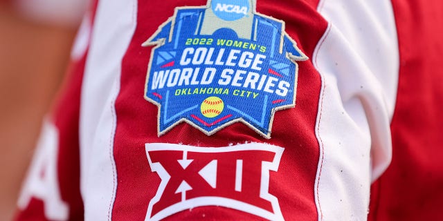The College World Series patch seen before the game at ASA Hall of Fame Stadium on June 8, 2022, in Oklahoma City.