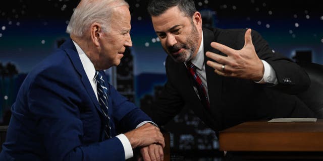 President Biden speaks with host Jimmy Kimmel. (Photo by Jim WATSON / AFP) (Photo by JIM WATSON/AFP via Getty Images)