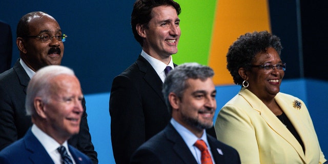 President Biden, Paraguay's President Mario Abdo Benitez, Antigua and Barbuda's Prime Minister, Gaston Browne, Canada's Prime Minister Justin Trudeau, Barbados' Prime Minister Mia Mottley pose for a family photo during the 9th Summit of the Americas in Los Angeles, June 10, 2022. 