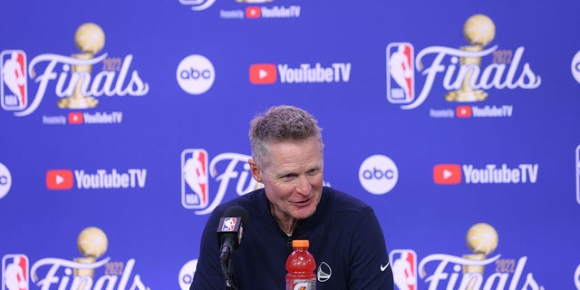 Head coach Steve Kerr of the Golden State Warriors talks to the media after Game 4 of the 2022 NBA Finals against the Boston Celtics June 10, 2022, at TD Garden in Boston. 