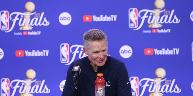 Head coach Steve Kerr of the Golden State Warriors talks to the media after Game 4 of the 2022 NBA Finals against the Boston Celtics June 10, 2022, at TD Garden in Boston. 